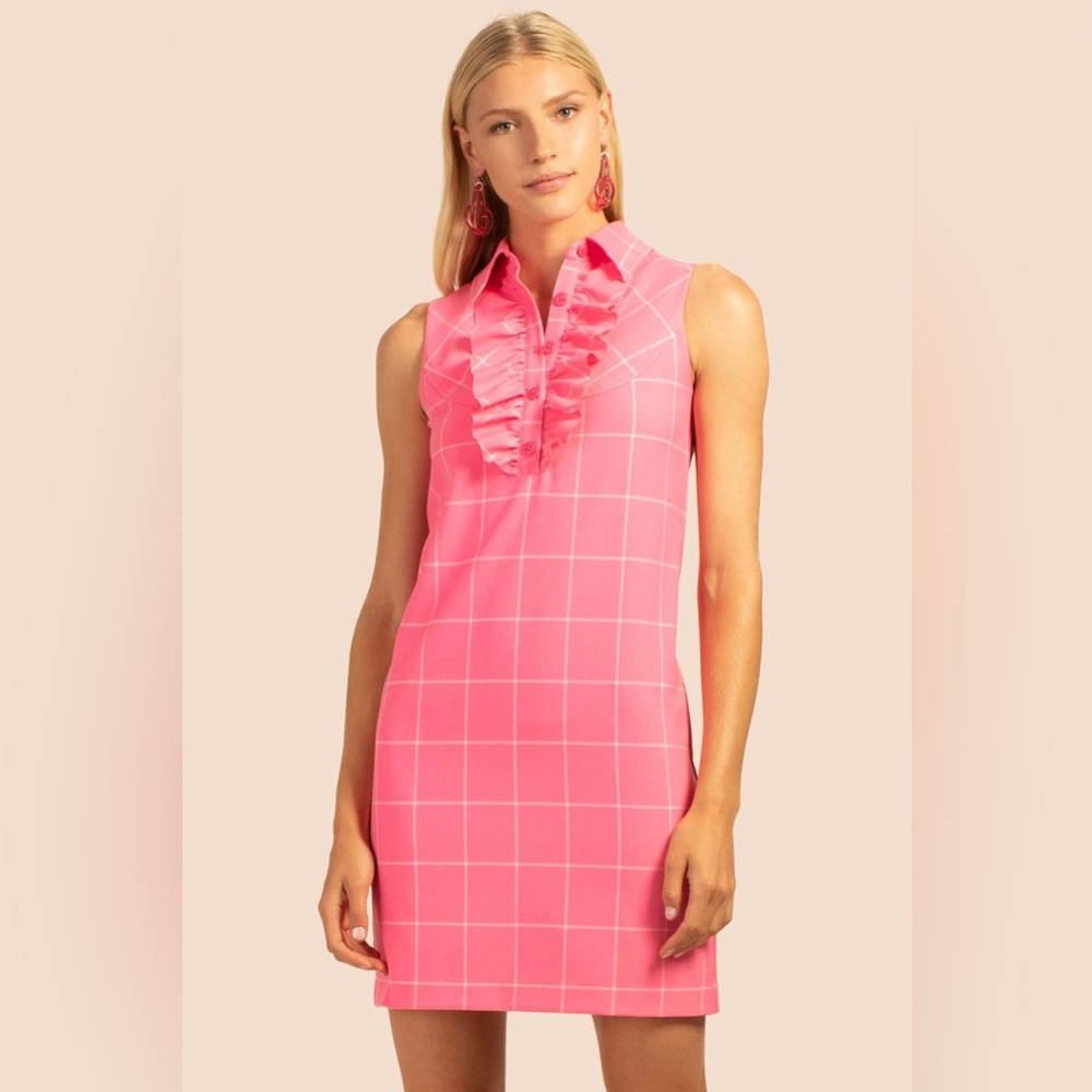 Trina Turk Pink Windowpane Ruffle Sleeveless Shift Dress